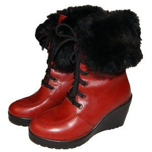 Alpi Sole Women's 36 Red Leather Black Fur Wedge Heeled Winter Boots